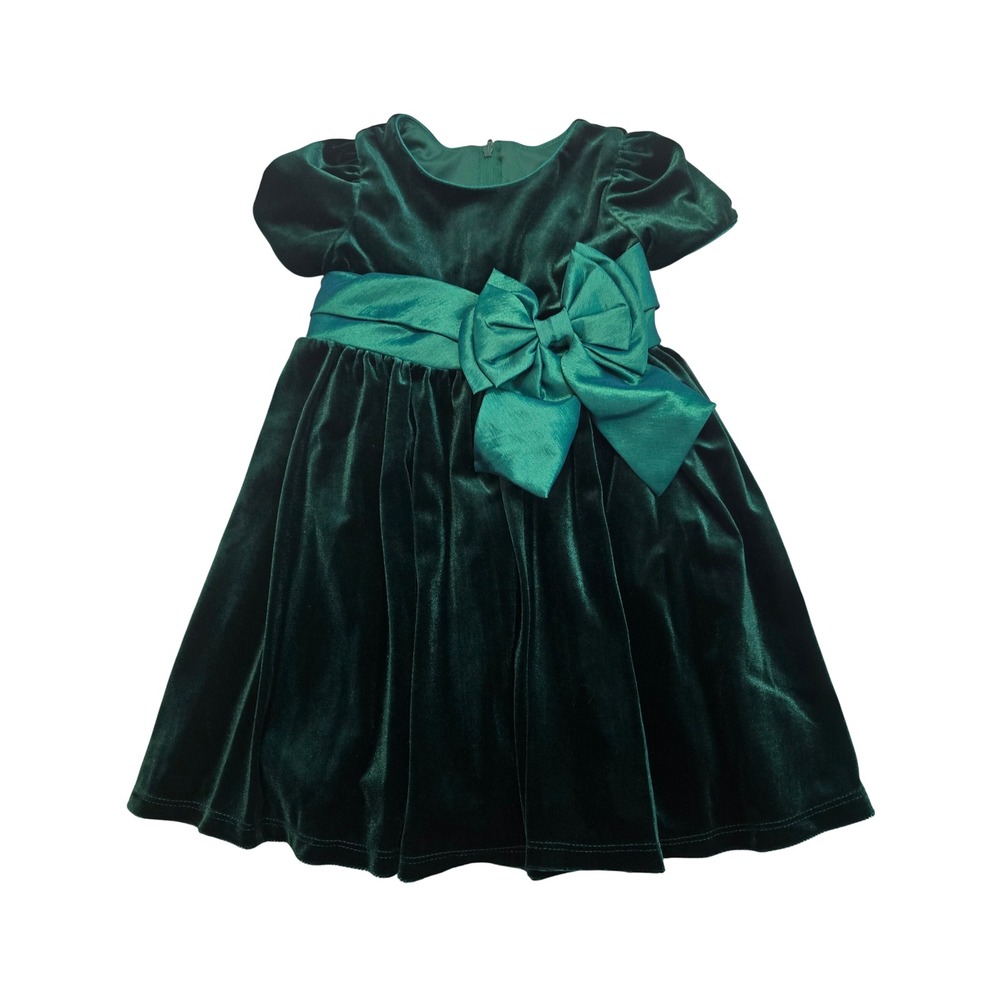 Rare Editions Toddler Girls Green Velvet Holiday Dress Taffeta Bow 2T/2 NWT